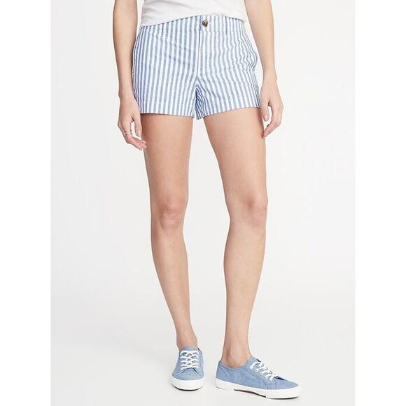 Old Navy Everyday Chino Shorts Blue White Stripe Mid Rise Twill Casual Womens 4 - Picture 6 of 6